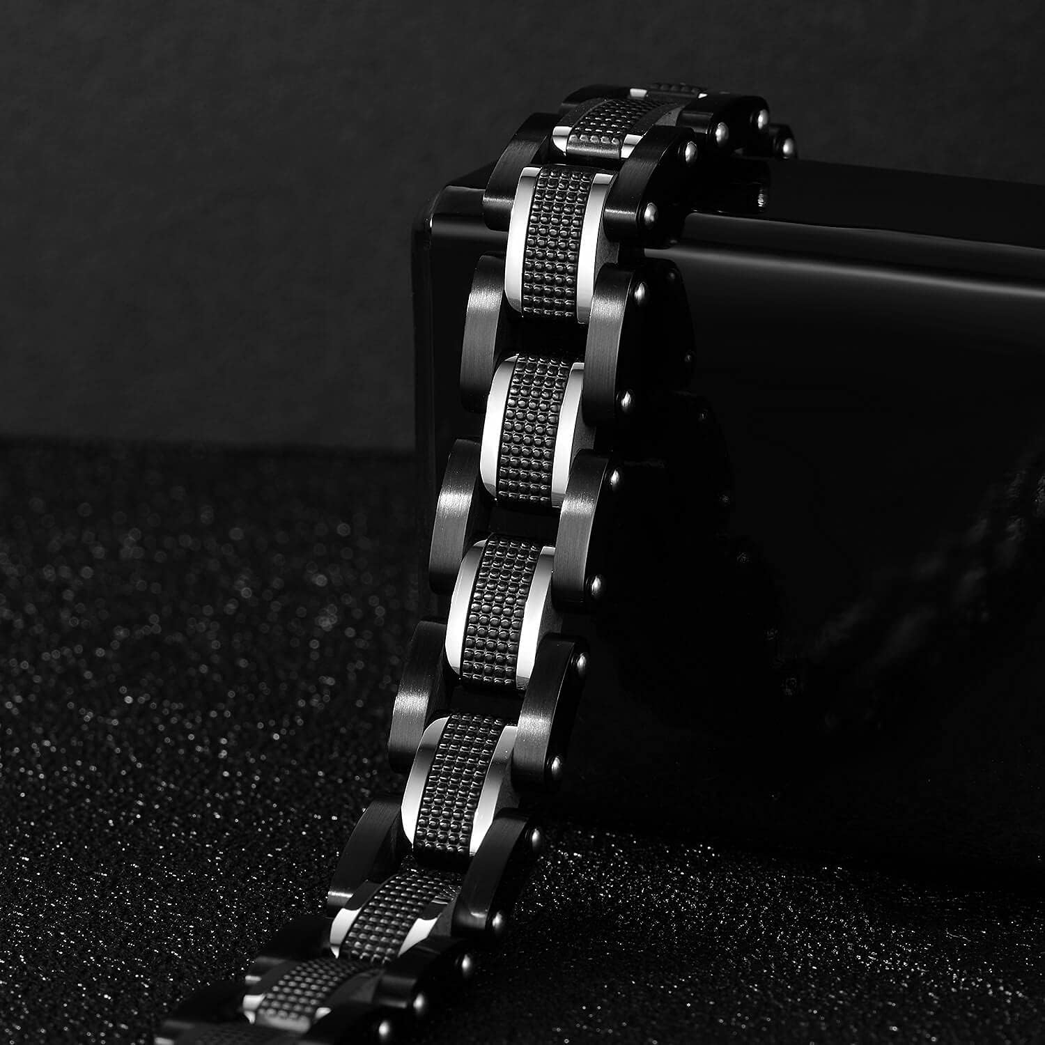 Men's Stainless Steel Two-Tone Square Link diamond Bracelet in Black & Blue Ion-Plated Black - Image 5