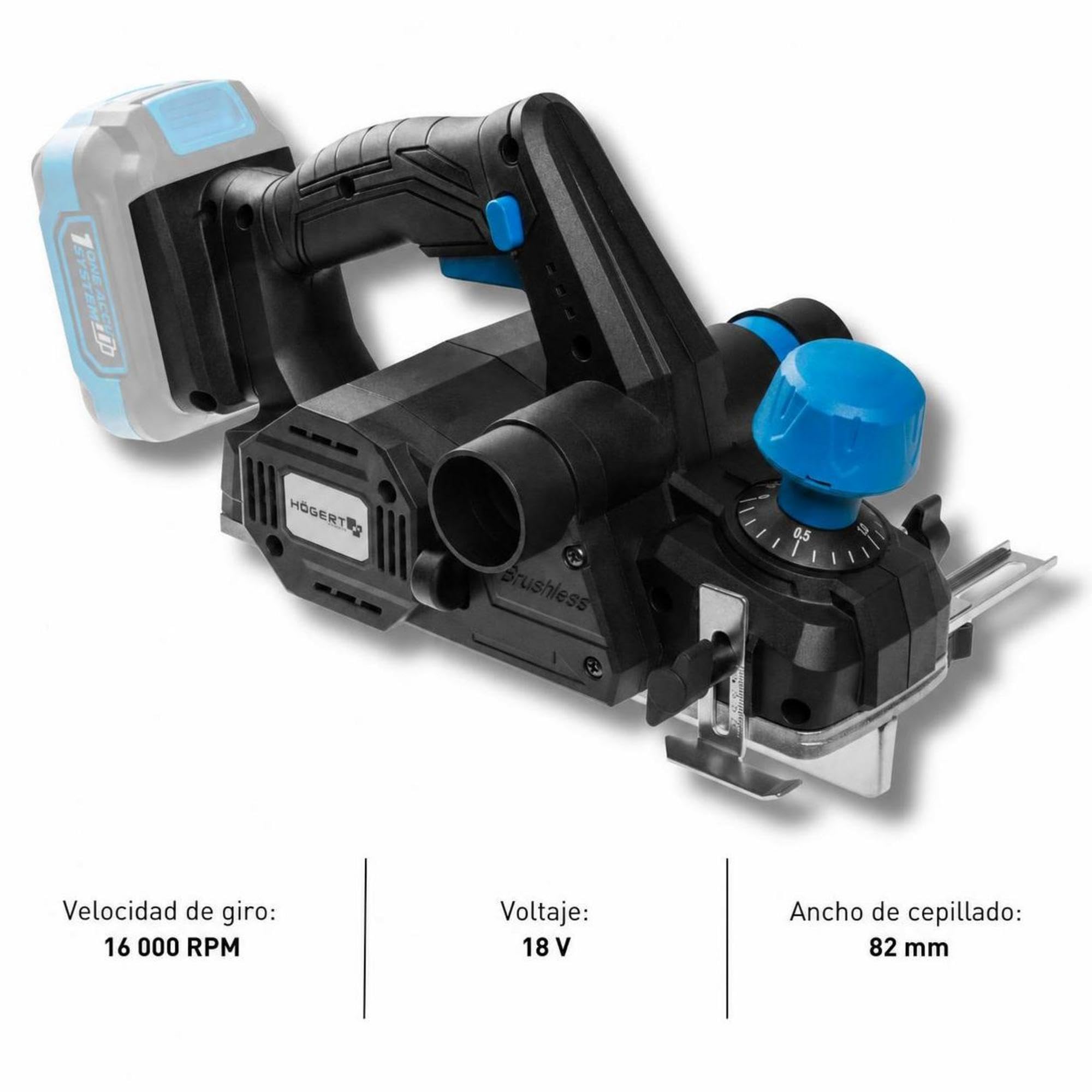 HÖGERT TECHNIK Cepillo Eléctrico a Batería 18V OneAccuSystem, motor sin escobillas, 82 mm de ancho, 16000 RPM, suela de aluminio, inalámbrico para carpintería, sin batería