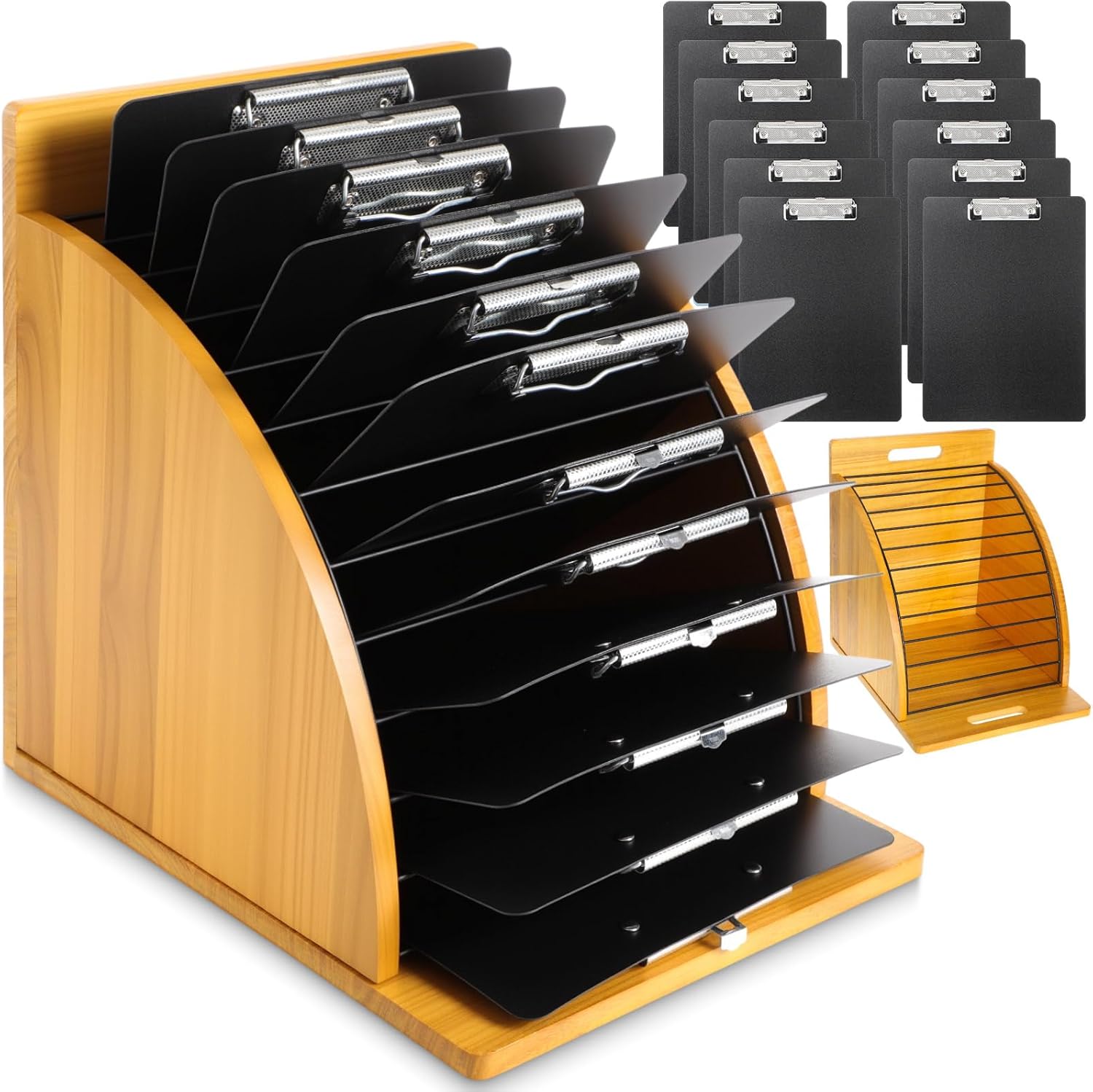 Seajan 13 Pcs Wooden Clipboard Holder Set Include 1 Organizer with Raised Side Panel 12 A4 Letter Size 12'' Plastic Clipboards for Classroom Office School Teacher Assembly Required(Black)
