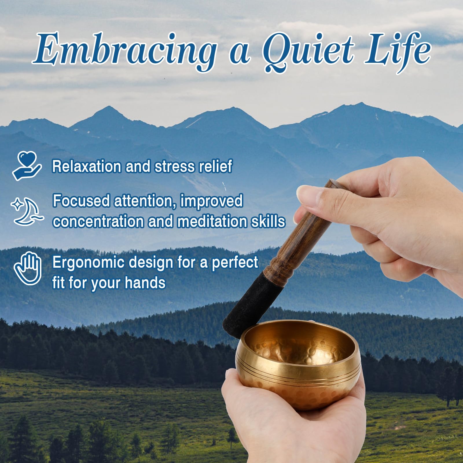 SUKARNE 7.9 cm Juego de Cuenco Tibetano, 7 pcs Incluye Cuenco Tibetano Hecho a Mano/Mazo/Cojín de Seda/7 Piedras de Chakra/Botella de Tinta/Bolsa para Cantar para Yoga, Meditación y Relajación