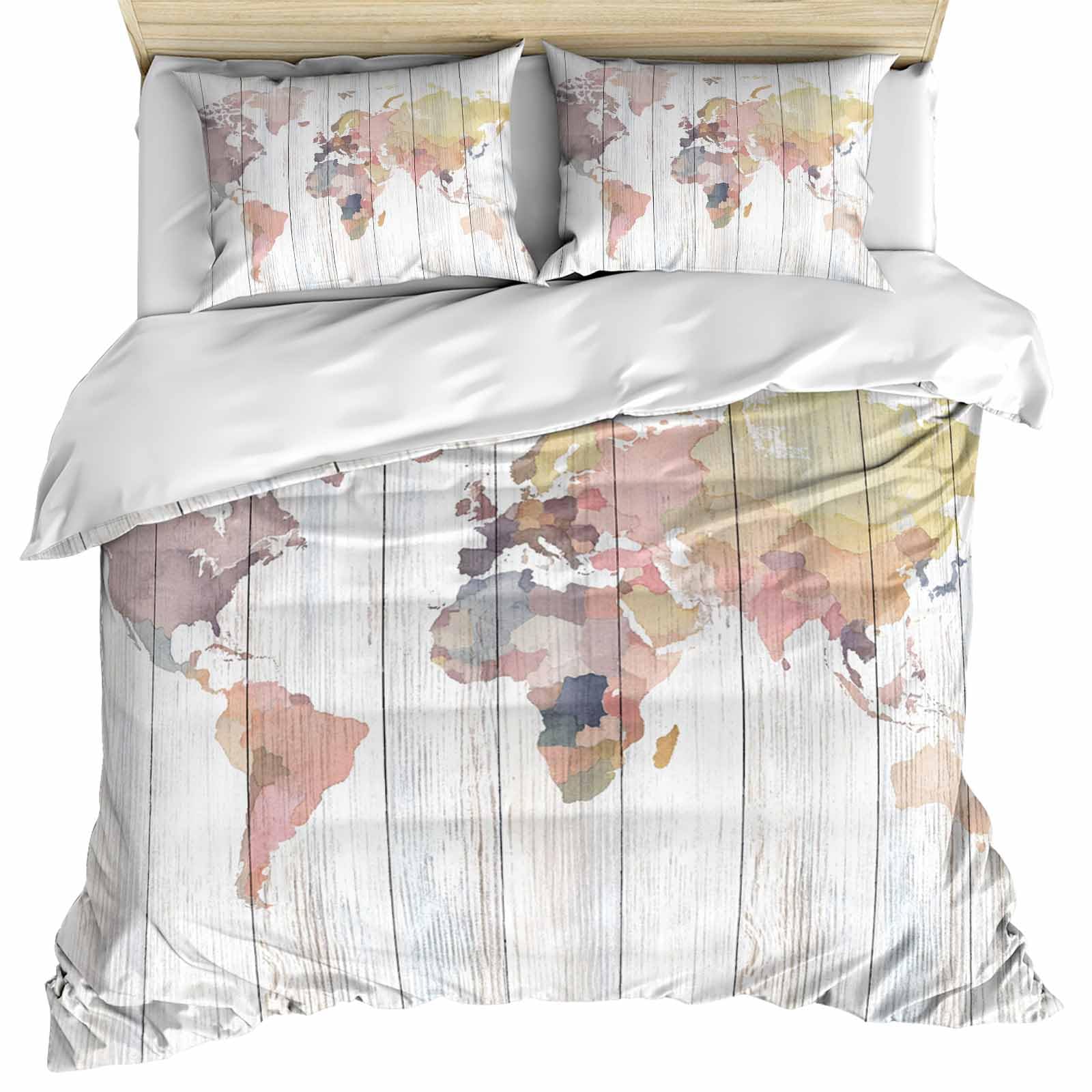 World Map Duvet Cover Twin - 3 Pieces Bedding Set with 1 Duvet Cover and 2 Pillow Shams, Farmhouse Abstract Illustration Wooden Grain Soft Comforter Covers Set with Zipper Closure (No Comforter)