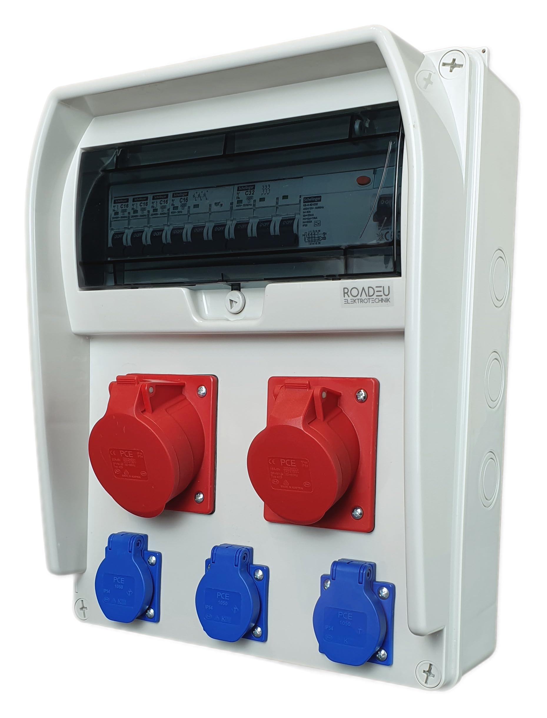 RoadEu - Caja de Distribución Eléctrica - Enchufe 32A y 16A con Schuko 230V - Distribuidor de corriente con interruptores automático y 1x diferencial. IP44 Ideal para Taller, Cobertizo y Fábricas