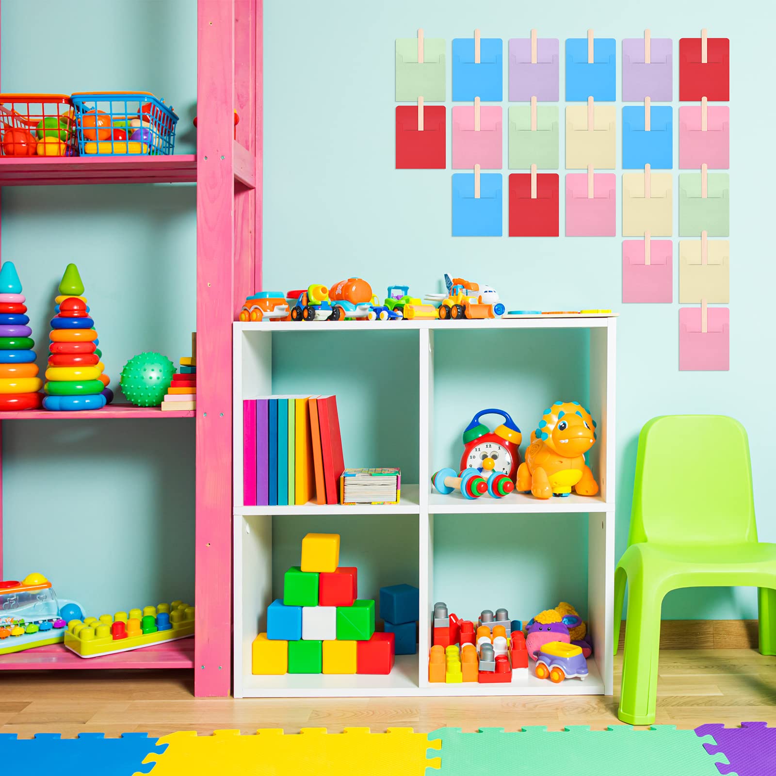 86-teiliges Klassenzimmer-Pinnwand-Set – Bunte Papiertaschen & Holzstäbchen Für Aufgabenverteilung & Deko