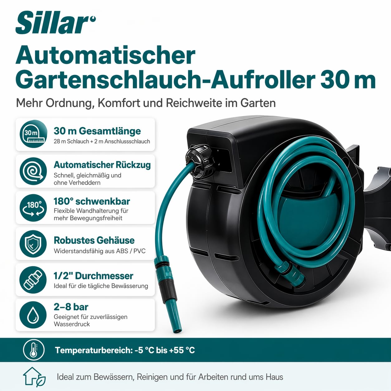 Sillar Schlauchtrommel mit Gartenschlauch 30m, Automatischer Schlauchaufroller zur Wandmontage, 180° schwenkbar, 1/2 Zoll Wasserschlauch, inkl. 7-Funktionen-Spritzpistole, Spritzdüse und Montageset