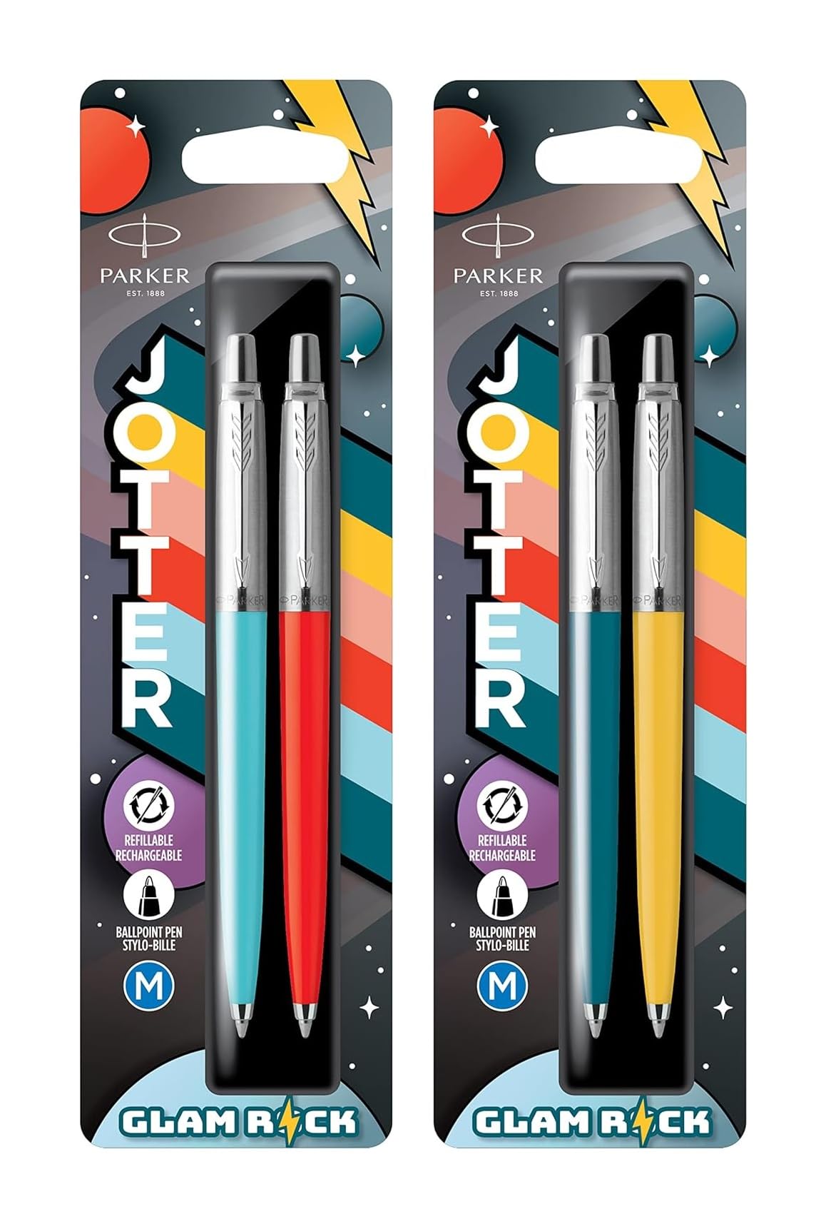 Jotter Originals Ballpoint Pens | Pack of 4 | Glam Rock Collection | Azure Blue, Vermilion, Peacock Blue & Sunshine Yellow | Blue Ink