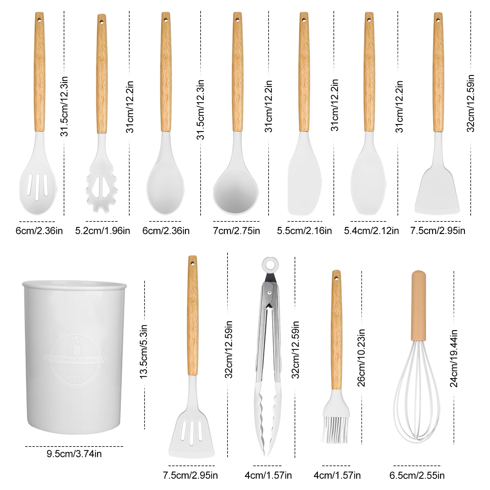 Set di utensili da cucina, 12 pezzi, in silicone, con manico in legno, antiaderenti, set di utensili da cucina in silicone, resistenti al calore, colore bianco