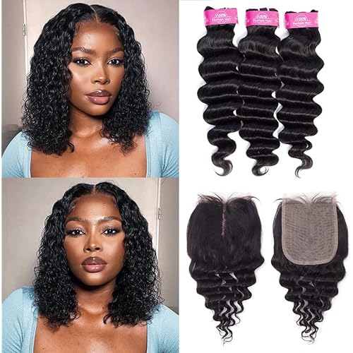 Loose Deep Wave Bundles with T Part Closure Brazilian Human Hair(10 12 14+10)Brazilian 10A Virgin Hair Bundles with Closure Loose Deep Curly Weave 3 Bundles with 4x4x1 T Part Lace Closure 70g/Bundles