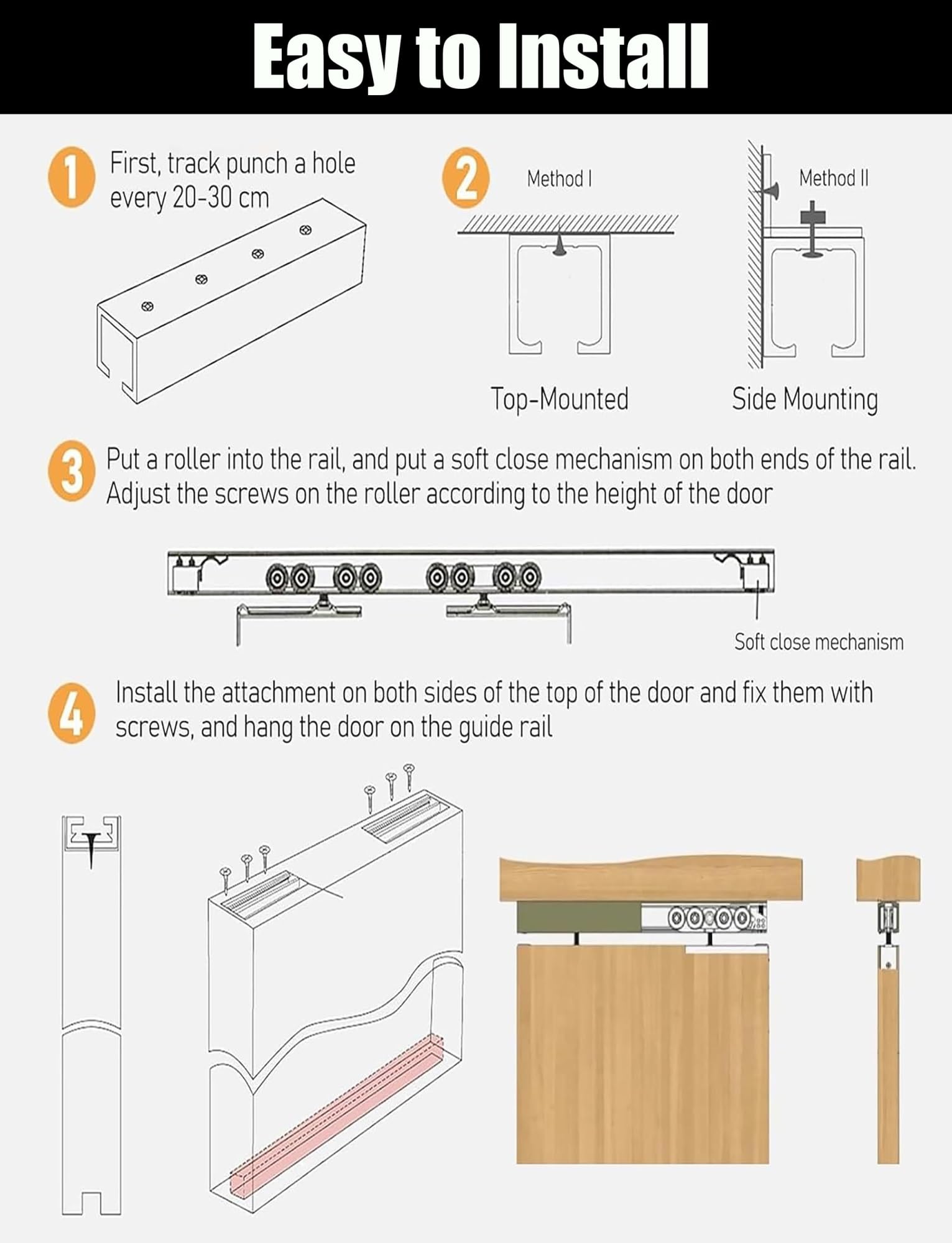 Accesorios de Ruedas para rieles de Puertas corredizas de Armario de Aluminio para Puertas de Granero y armarios de 75 Pulgadas con Sistema Bypass - Aleación Duradera para un Funcionamiento