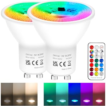 REYLAX GU10 RGB LED Color Changing Lamps 5W Dimmable Warm Light 50W Halogen Bulbs Equivalent RGB LED Spot Light GU10 450 Lumens Remote Control Included Pack of 2