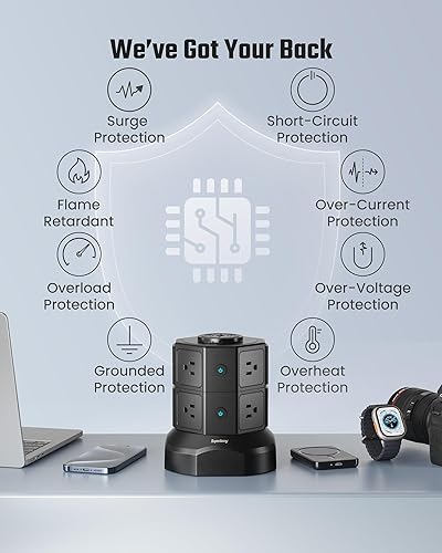 Miniatura 6 de Torre de Regleta de Energía, SUPERDANNY Torre Protector de Sobretensiones, 1050J 13A Estación de Carga con 12 Tomas de CA y 6 Puertos USB (2 USB C),