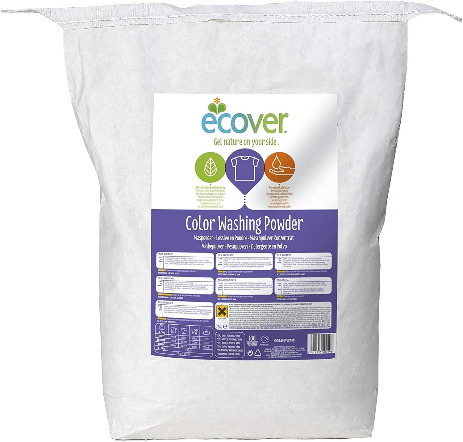 Ecover Lessive en Poudre Concentrée Spéciale Couleurs, Détergent à Base de Plantes, Parfum Lavande, 100 Lavages, Sac de 7,5 kg