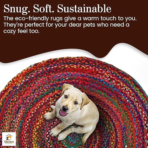 Miniatura 7 de Gruhum Alfombra de algodón de 3 x 3 pies, colección redonda de fibra natural, hecha a mano, estilo bohemio, con encanto, de algodón, suave alfombra