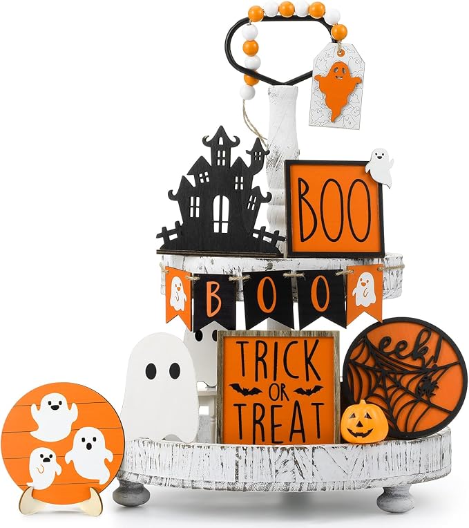 Umigy 15 Pcs Halloween Tiered Tray Decor Orange Ghost Wooden Signs Boo