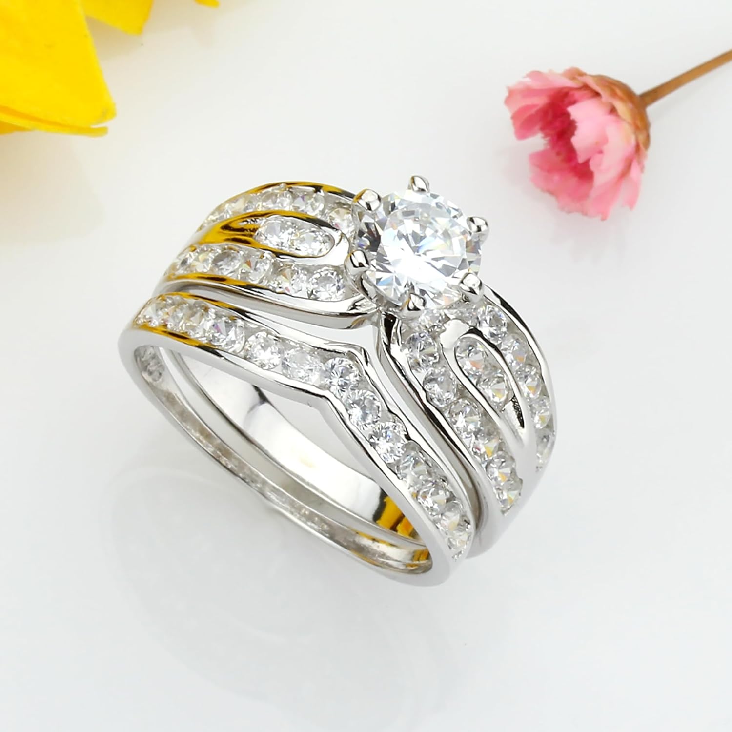 Sterling Silver Round CZ 2 pcs Bridal Wedding Ring Sets 13MM (Size 5 to 10)