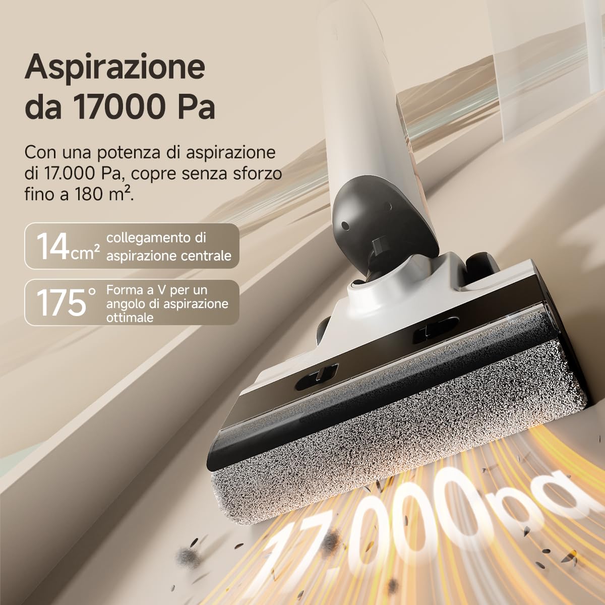 uwant D500 Aspirapolvere Lavapavimenti Senza Fili, Design Piatto a 180°, Deodorizzazione Serbatoi, 17000 Pa, Asciugatura Con Aria Calda a 65 °C Design Anti-Groviglio, IPX6 Spazzola impermeabile