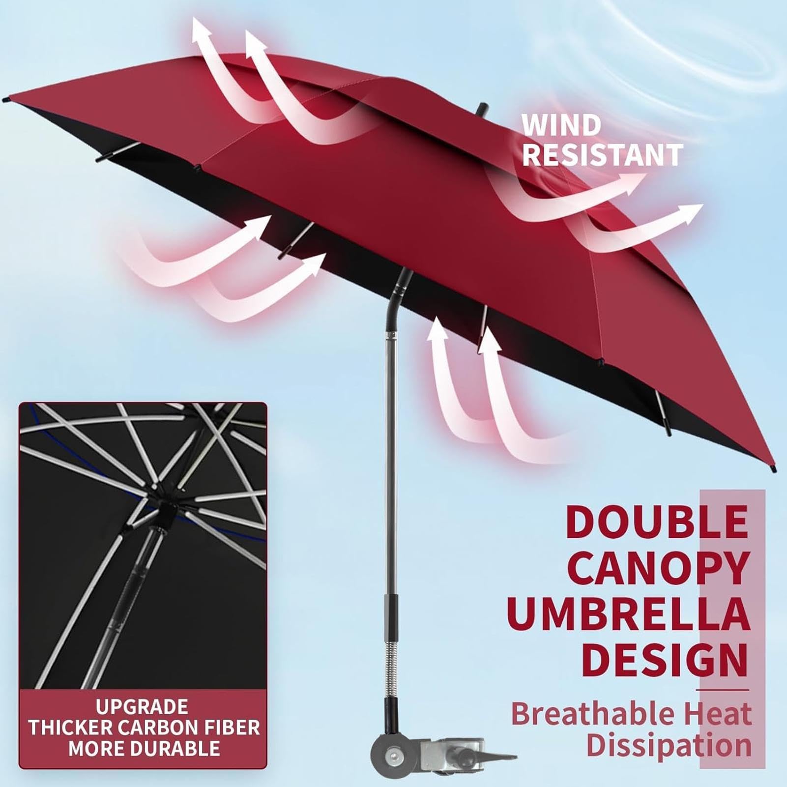 Genérico Parasol Con Clip Para Tumbona Toldo Doble Ajustable 180° UPF 50+ | Sombrilla de Playa y Camping Broncearse Viajes Vacaciones En Playa Camping Pícnic Patio Silla De Ruedas Carritos Golf
