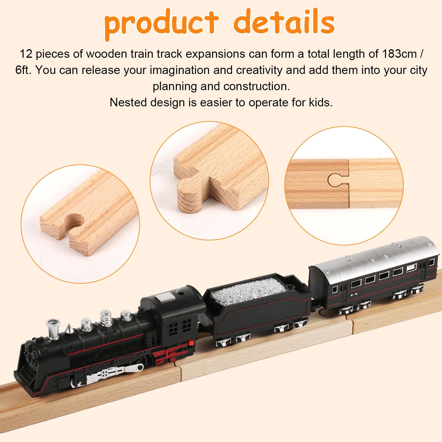 12pcs Ensemble d'Extension de Voie de Train en Bois, 16,2cm Connecteur de Voie Train en Bois Droit Accessoires de Voie de Train pour Enfants Compatible avec Plupart des Marques de Train Jouet