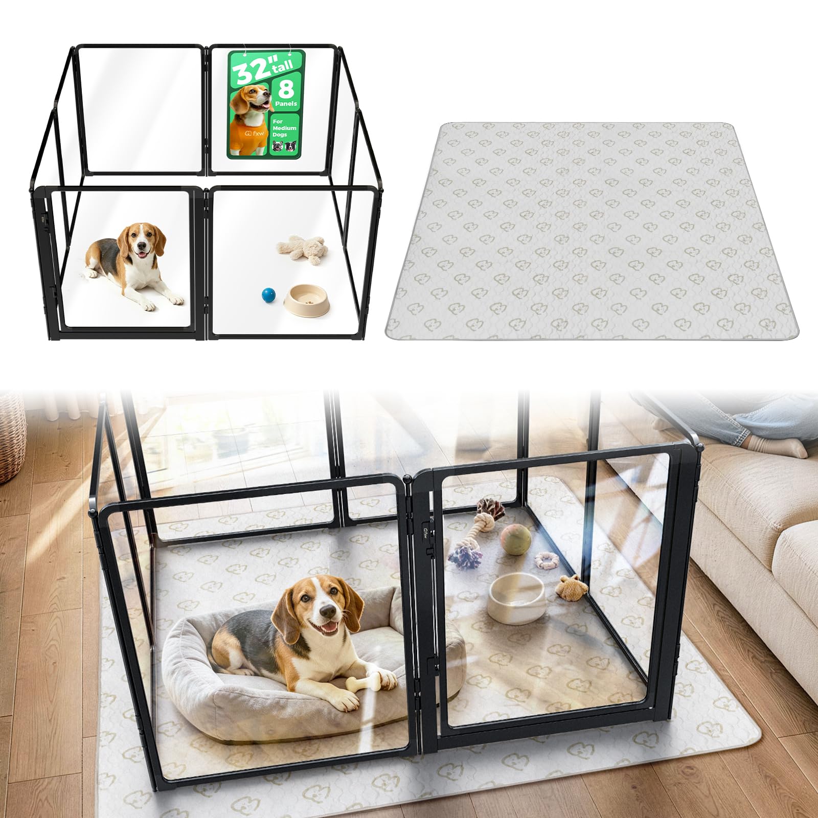 FXW AuraSpace Pro Acrylic Dog Playpen with Washable Pee Pad, 32" H