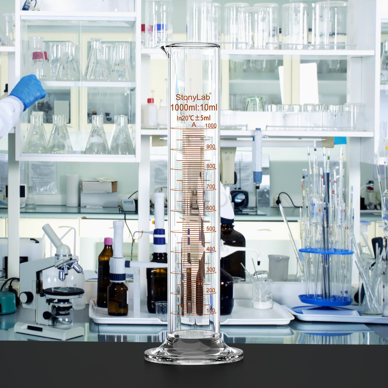 stonylab Klasse A Messzylinder, 1000 ml Borosilikatglas Hochpräziser Messzylinder mit Klarer Skala und Stabilem Sockel für Flüssigkeitsmessungen im Labor