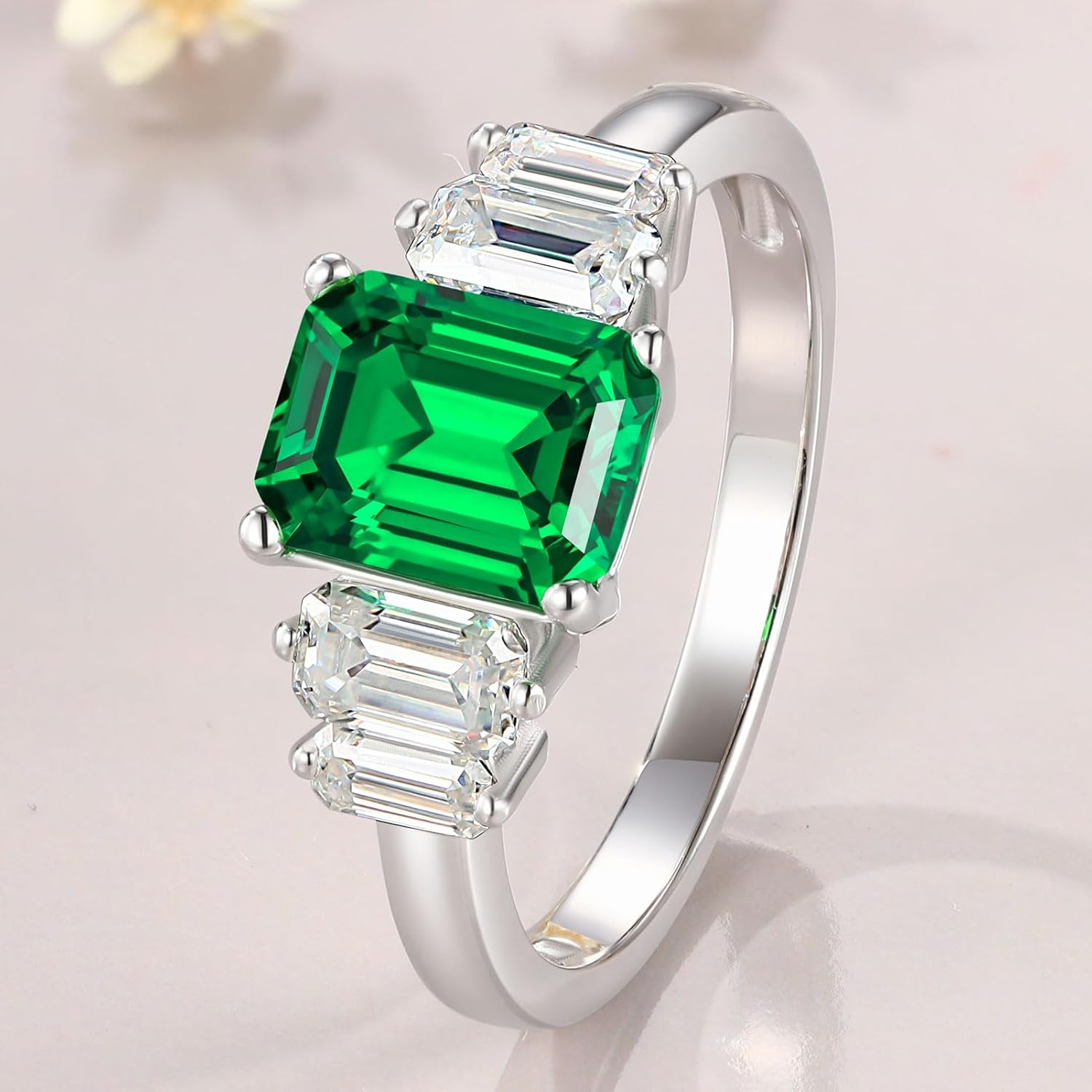 Emerald Rings for Women, Green Emerald Cut 2 1/3 CT Engagement Ring, May Birthstone Ring 925 Sterling Silver Plated White Gold, Gift for Promise Anniversary Mothers Day, Size 5 6 7 8 9 10 11 12