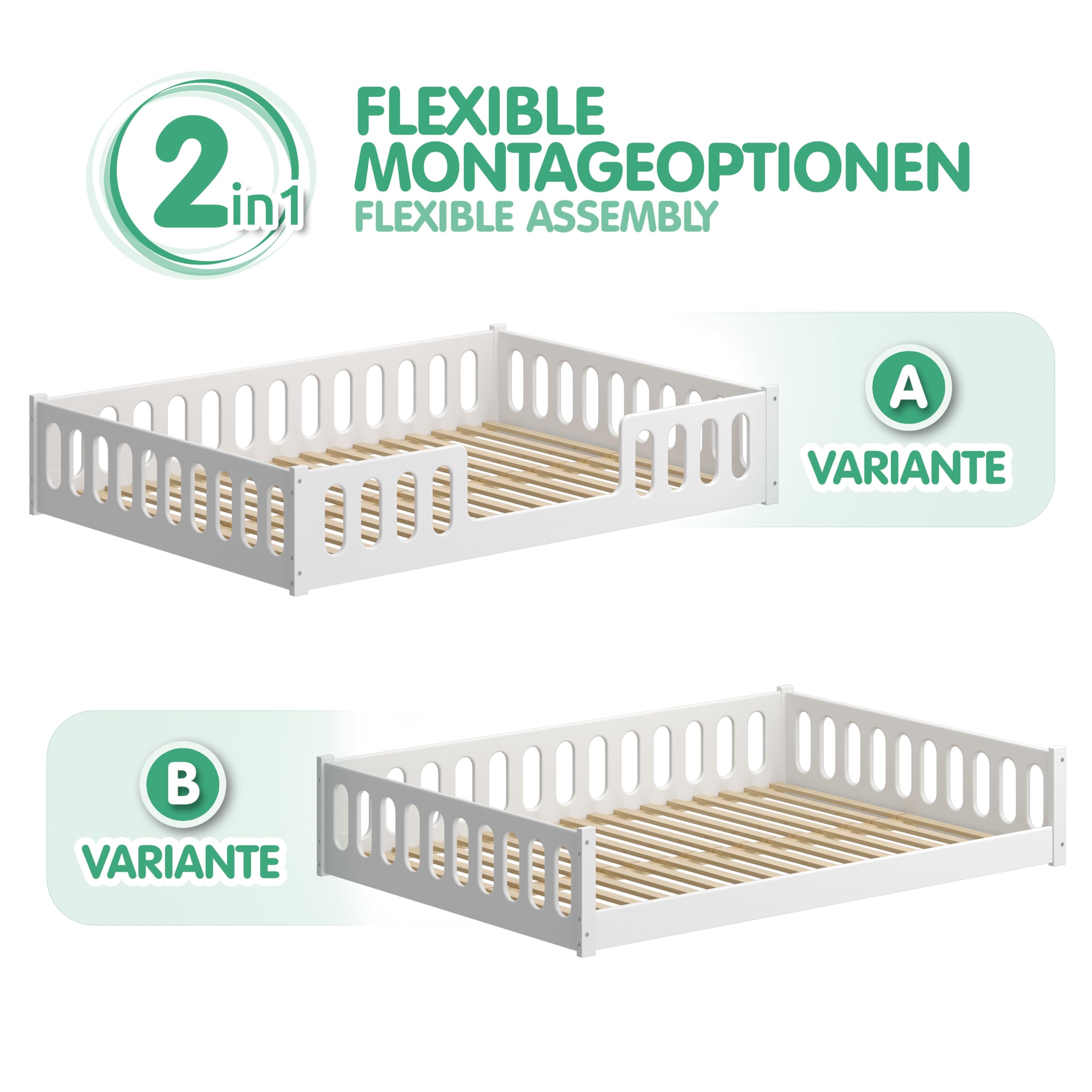 CADANI Monte 2in1 Bodenbett 140x200 cm Montessori Kinderbett Rausfallschutz abnehmbar - weiß, 46 kg schwer, bis 200 kg belastbar, extra starker Roll-Lattenrost, umbaubar