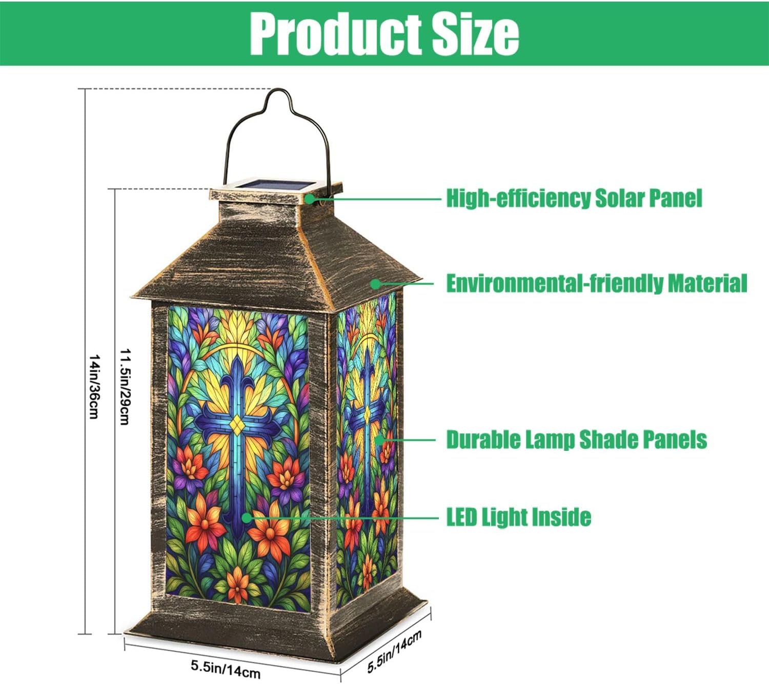 Solar Lantern Stained Glass Christian Cross Floral Symbol Easter Faith Decor Outdoor Garden Hanging Lantern Waterproof Solar Powered Lighting Outside Table Lamp for Deck Yard Camping Patio Decor