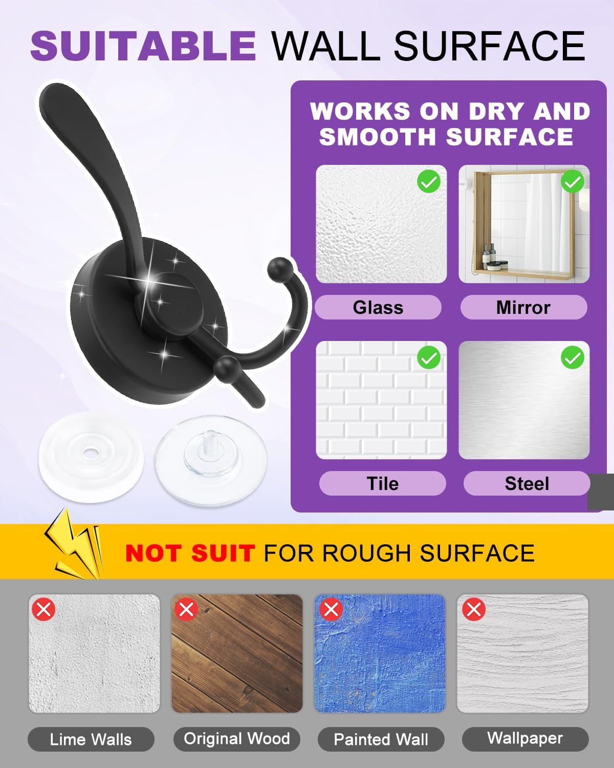 Suction Cup Hooks, Large Double Shower Hooks for Inside Shower, Heavy Duty Suction Hook for Glass Window, Black, 1 Pack