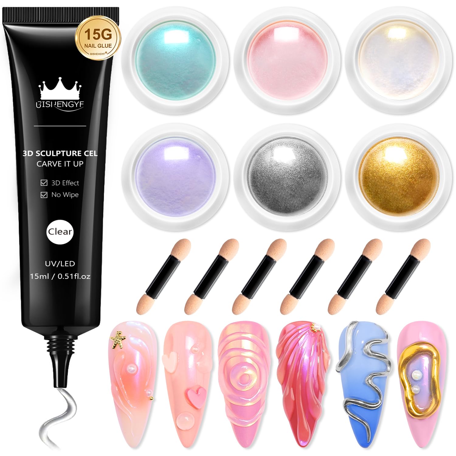 BISHENGYF Multifunctional 3d Nail Gel:Metallic Chrome Nail Powder And 15g Rhinestone No Wipe 3d Sculpting Nail Gel,6pcs Pink Chrome Nail Powder For Embossed Nail Decoration (Silver/Purple/Blue)