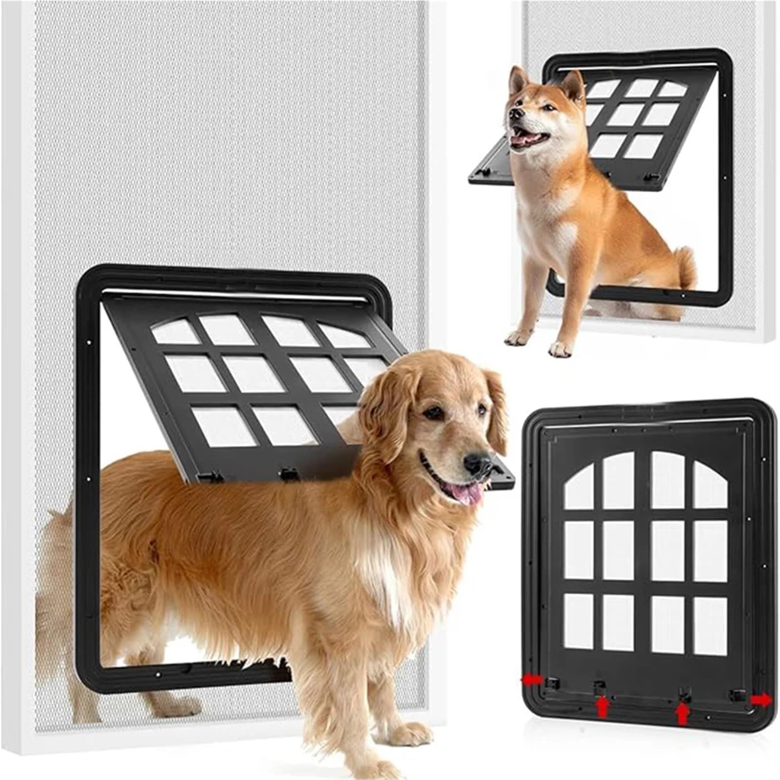 Puerta mosquitera Grande for Perros con Solapa de Apertura for Perros con 4 entradas y Cierre automático for Perros y Gatos. Puerta Mascotas con Cerradura(White,L)