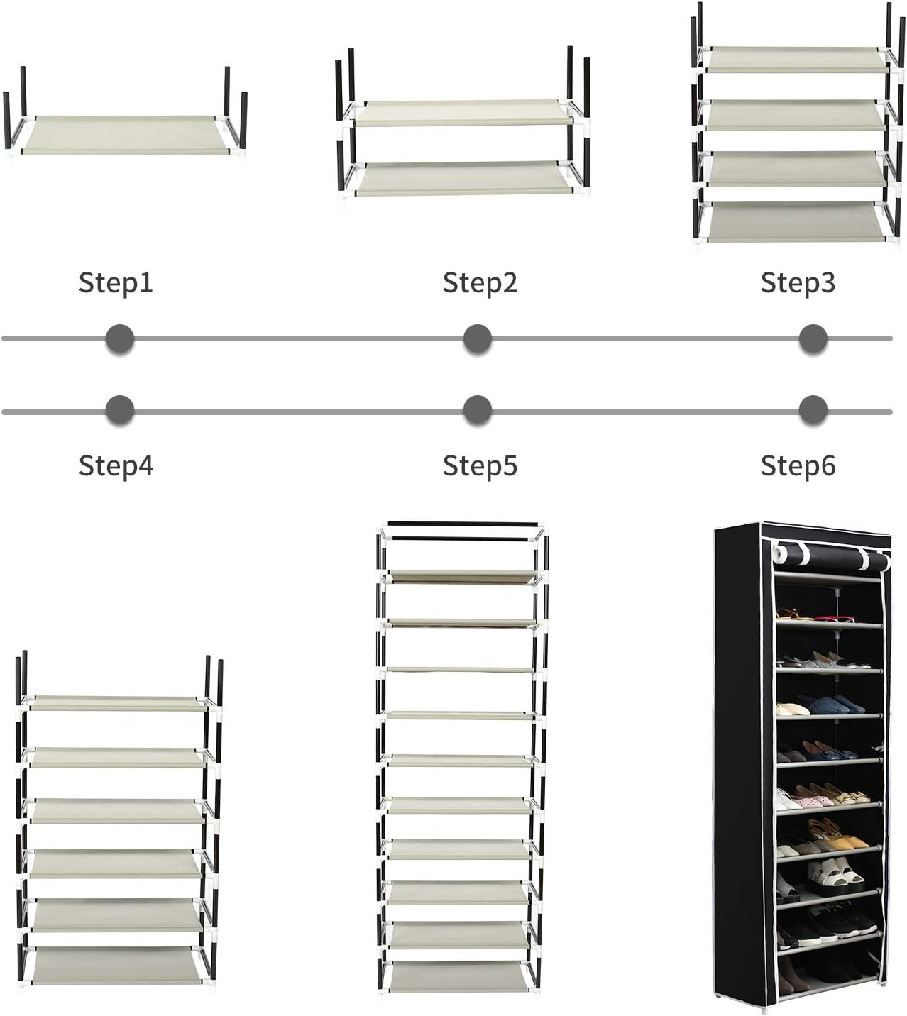 Function Home 10-Tier Shoe Rack with Dustproof Cover 30 Pair Shoe Organizer Shoe Rack Tower Zippered Storage Shoe Cabinet Ideal for Hallway Corridor (Black)