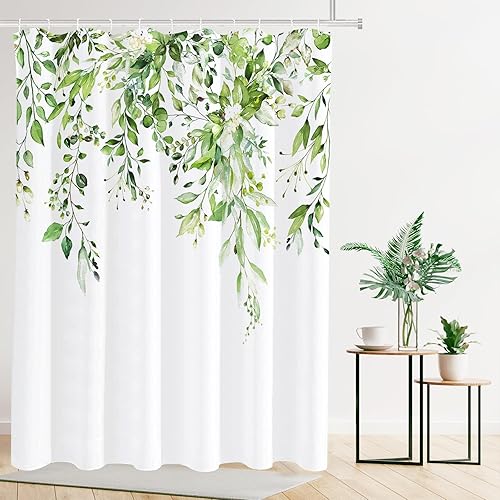 Vista 441 de Tititex - Juego de cortinas de ducha de eucalipto verde oliva, hojas de acuarela en la parte superior con decoración floral de baño, 60 x 72 Hojas