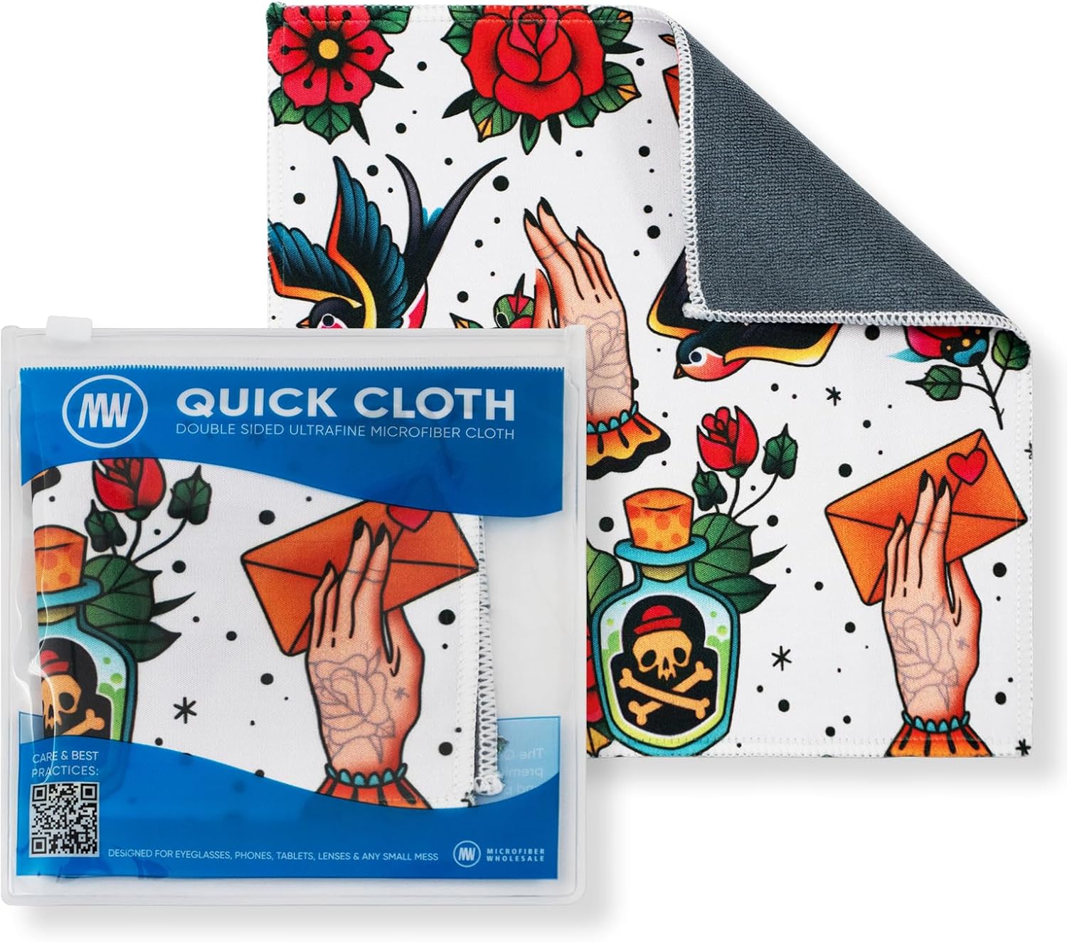 Quick Cloth Microfiber Glasses Cleaning Cloths – 8×8, Tattoo, 1 Pack with Case | Double-Sided Lens Cleaner for Eyeglasses, Camera, Screens & Glass | Reusable Microfiber Glass Polishing Cloths