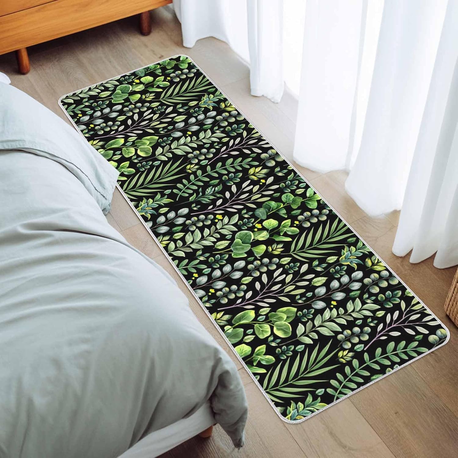 Watercolor Green Leaves on Black Kitchen Rug and Mat,Washable Floor Mats Standing Cushioned Set of 2,Spring Fields Plants Slip-Proof Doormat Runner Rugs for Indoor Bathroom Laundry Sink