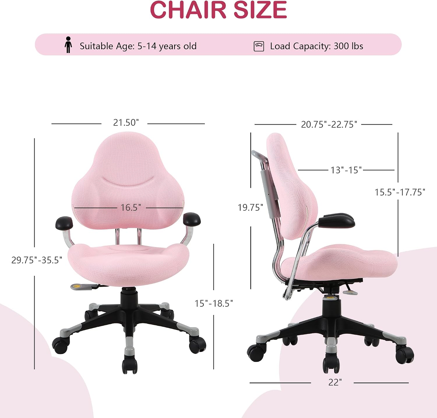 Kids Desk Chair, Ergonomic Office Chair for Kids, Computer Chairs with Breathable Mesh, Adjustable Height, Perfect for Children Teens Students (Pink)