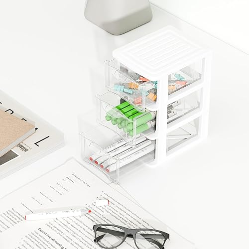 Miniatura 4 de Gonice Organizador de escritorio pequeño de 3 cajones, paquete de 2 unidades de plástico blanco, organización de escritorio para herramientas