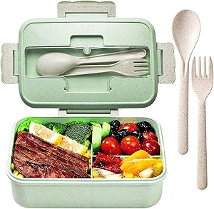 Bento Lunch Box for Kids and Adults Lunchware containers food storage With Spoons and Forks, BPA-Free Meal Portion Containers Leak-Proof, Anti-Scald Lunch Containers(GREEN)