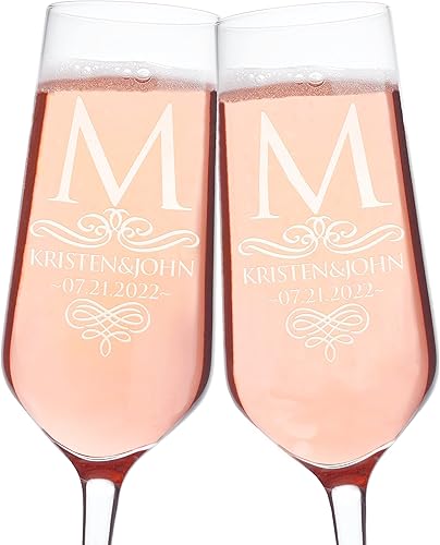 Juego de 2 copas de champán personalizadas para boda, copas de champán personalizadas para novia y novio, nombre de boda, fecha de boda, apellido,