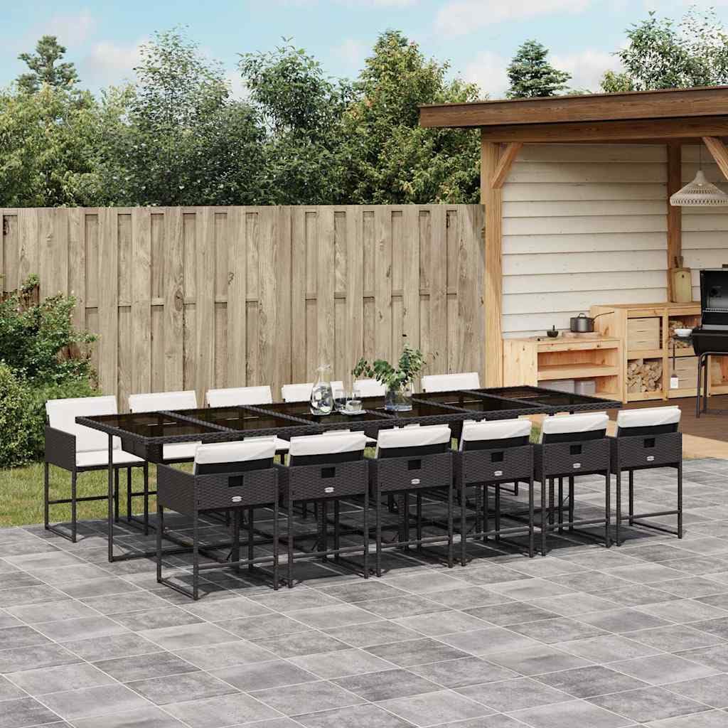 Salon de Jardin 13 Pièces Ensemble à Manger en Résine Tressée Noire avec Grande Table 330cm Plateau Verre et 12 Chaises avec Coussins pour Terrasse Jardin et Arrière-Cour