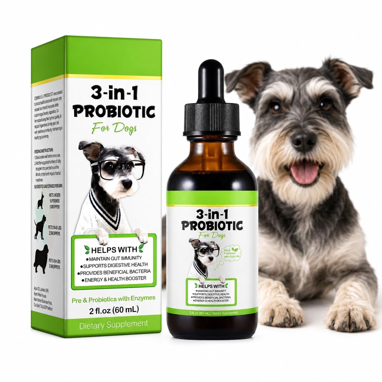 3-in-1 Probiotic Drops for Dogs (Bacon Flavour | 60ml) – Maintain Gut Immunity, Supports Digestive Health, Provides Beneficial Bacteria, Anti Gas & Bloating Relief - Dog Overall Health