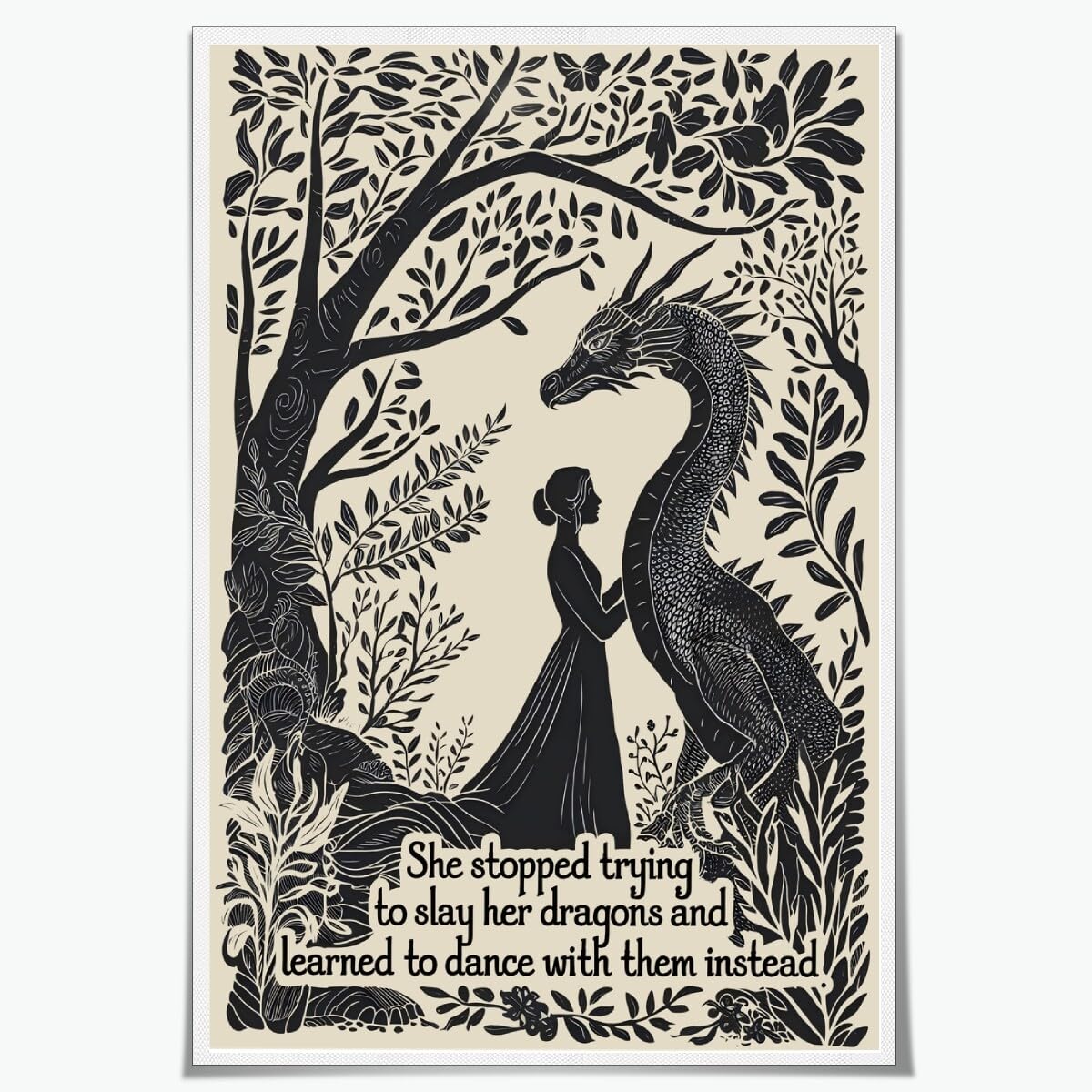 Feminist Wall Art Dancing With Dragons Art Print Trendy Feminist Canvas Posters with Quote Motivational Wall Decor Vintage Inspirational Botanical