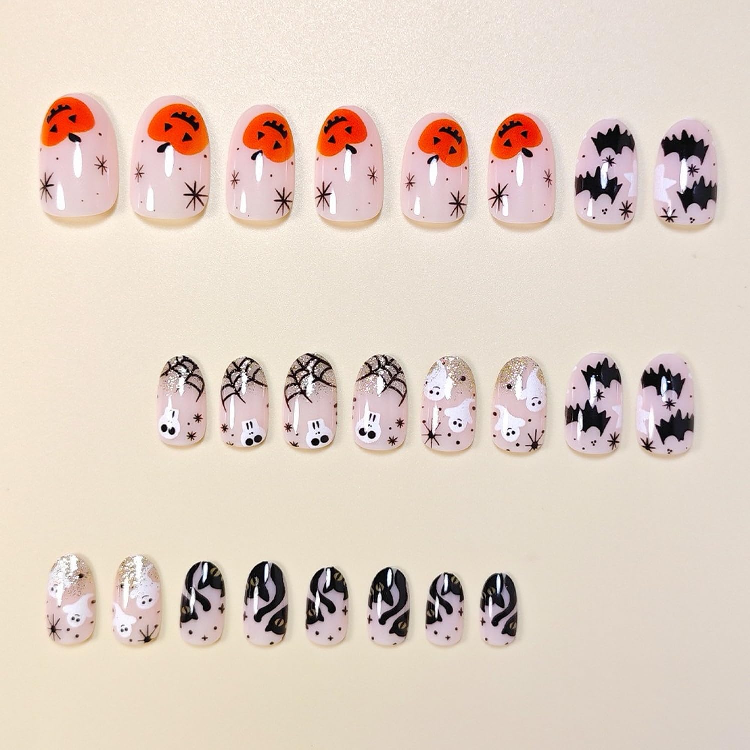 24 pcs halloween press on nails short almond ghost fake nails gliffer french tip false nail glossy false nail with bats pumpkin and spider web design full cover acrylic nails for women
