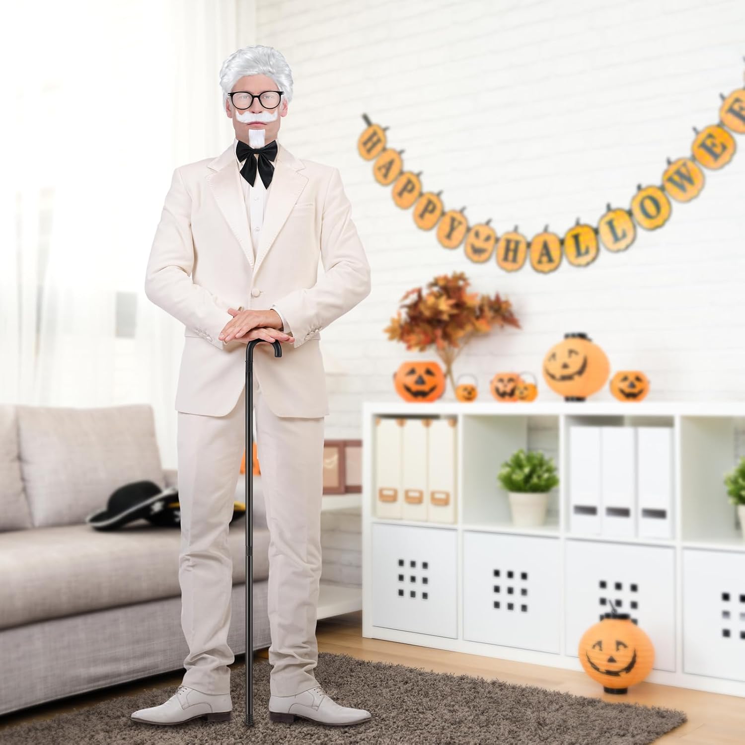 6 Pcs Men's Forum Southern Fast Food Costume Outfit Accessories Include White Wig White Beard Mustache Glasses and Tie Set for Halloween Old Man Cosplay - Image 6