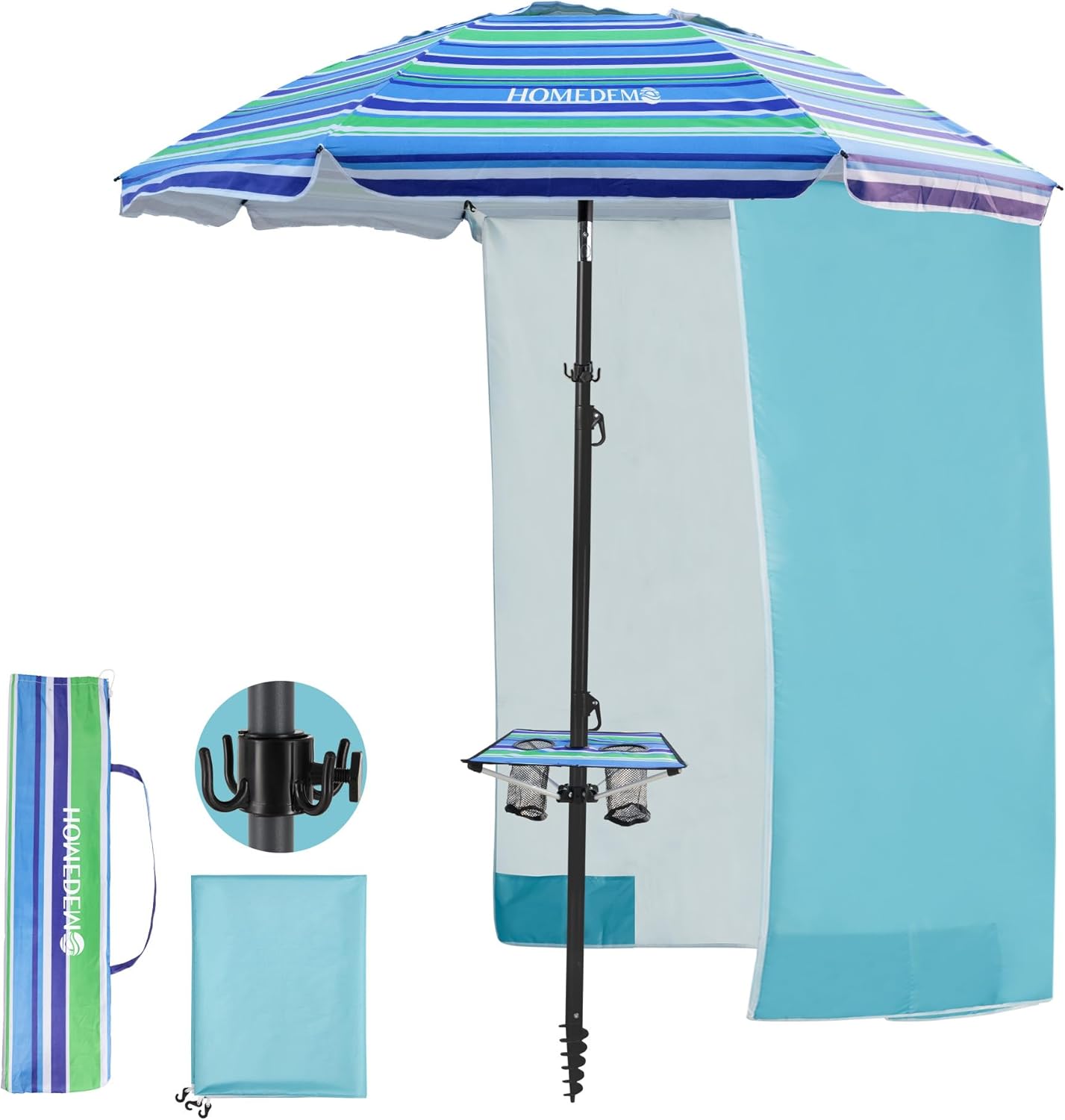 Beach Umbrellas For Sand Heavy Duty Wind, Portable Beach Umbrella UPF 50+ Windproof Outdoor Beach Umbrella with Sand Anchor, Tilt Pole, Carry Bag, Vent and Hook Lightweight 7FT with Hook&Table&bids Blue green stripes