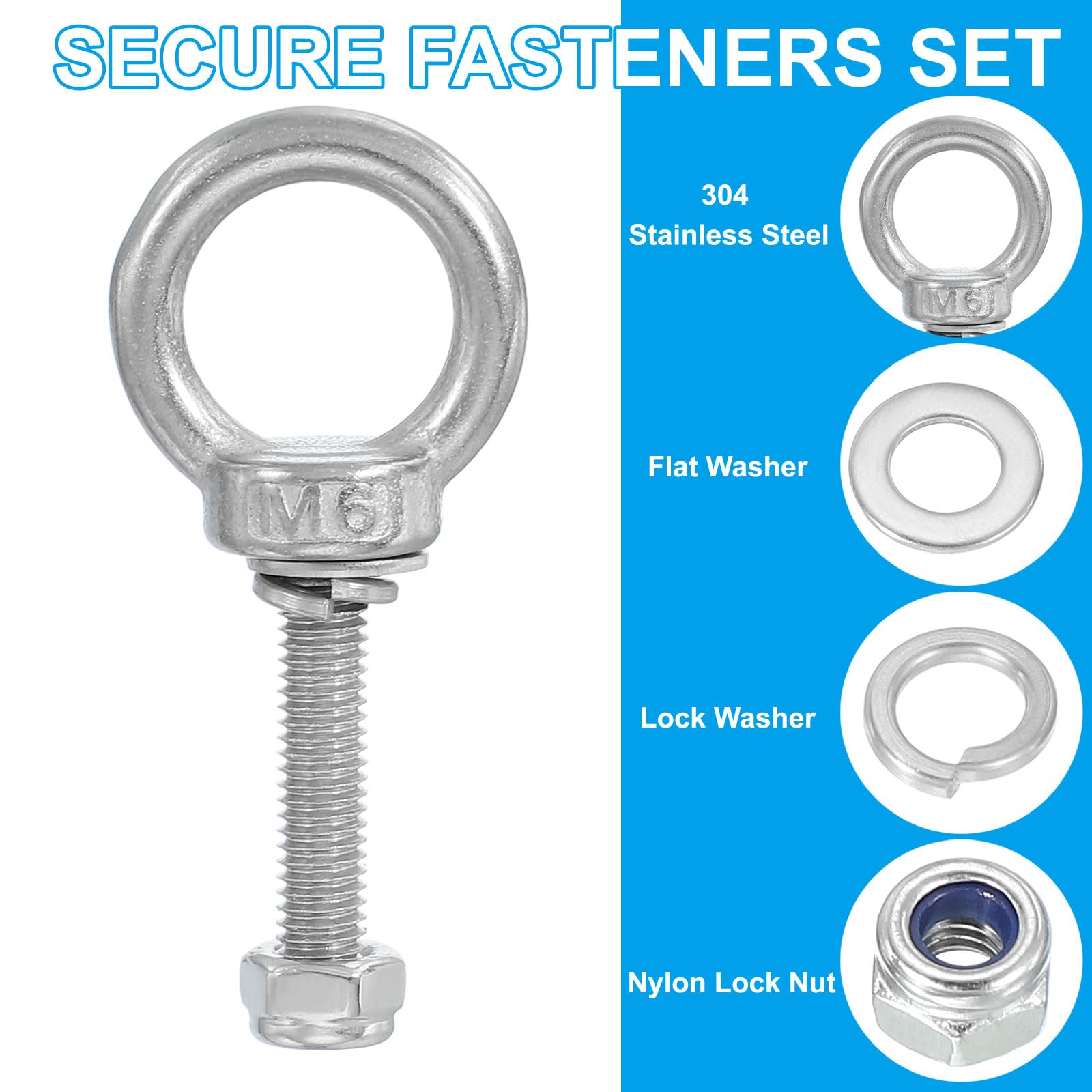 PATIKIL M6 x 30mm Eye Bolt with Nut, 6 Pack 304 Stainless Steel Lifting Shoulder Eyebolt Lift Thread Screws for Hanging Silver - Image 3