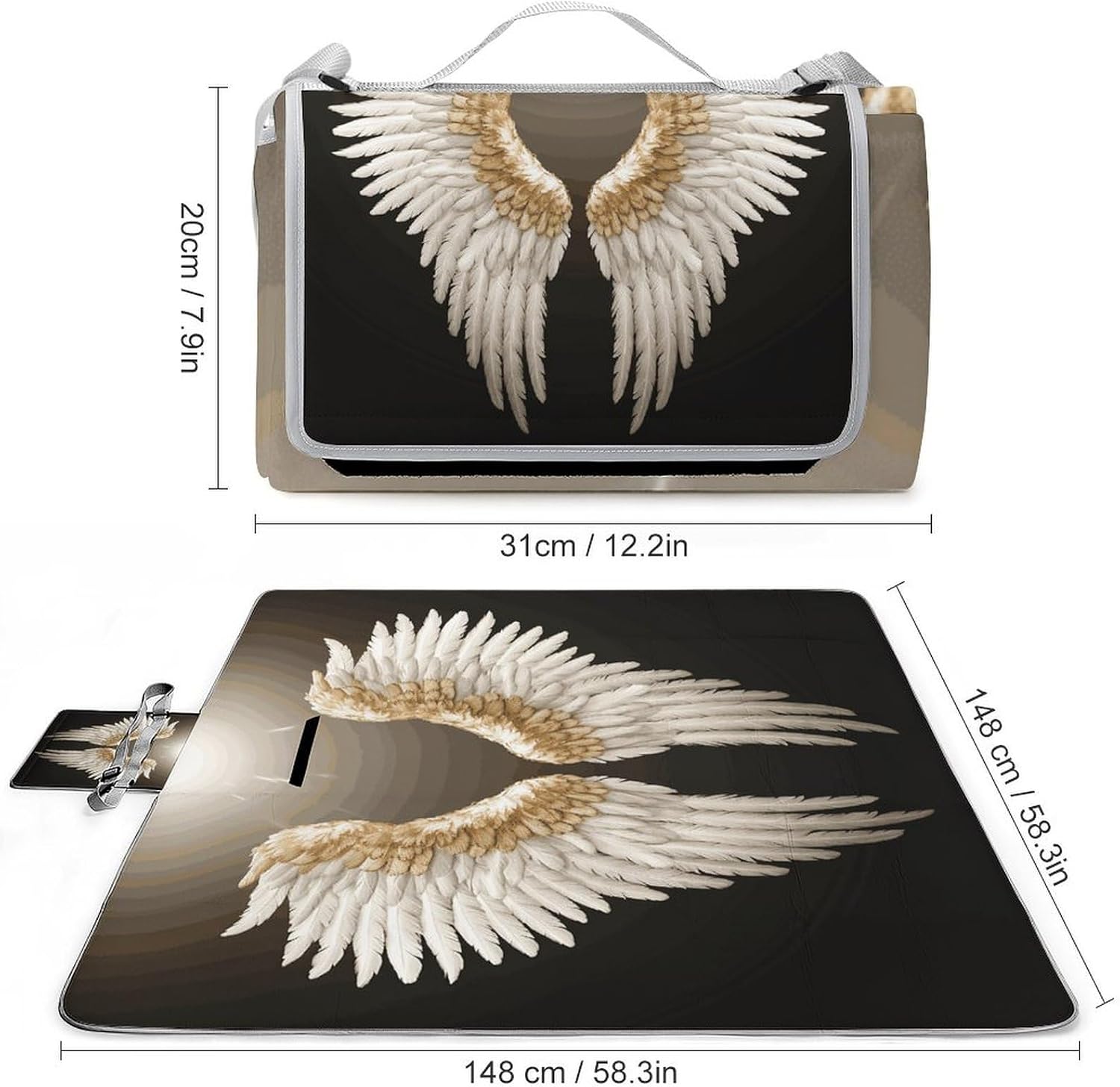 Angel Wing Waterproof Picnic Blanket 58.3''x58.3'',Portable and Foldable Picnic Mat with Handle,Outdoor Blankets for Lawn Park Beach Travel