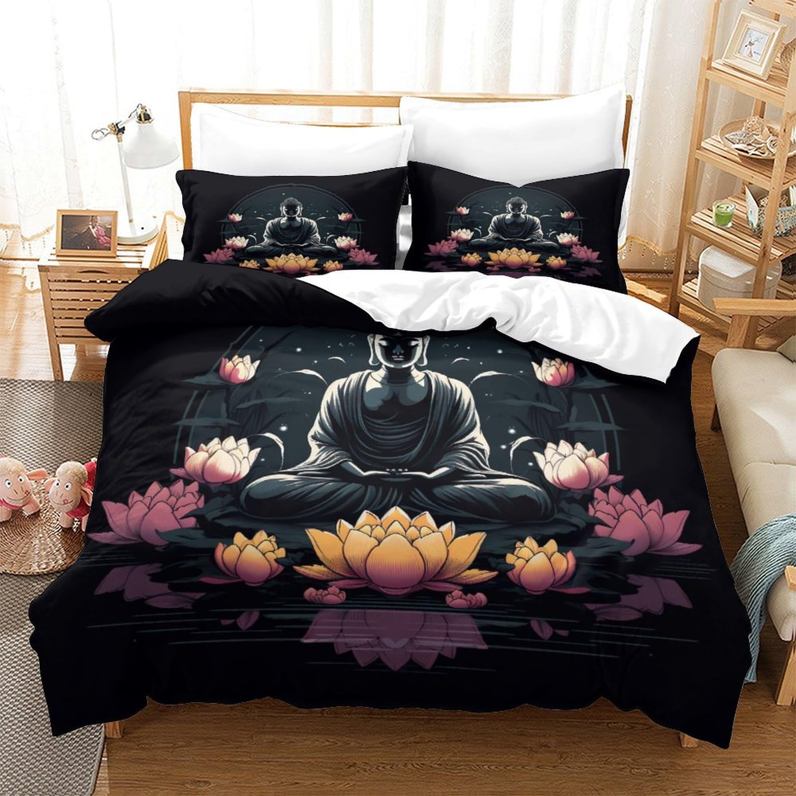 Housse de couette Bouddha 260x220 cm avec 2 taies d'oreiller en microfibre