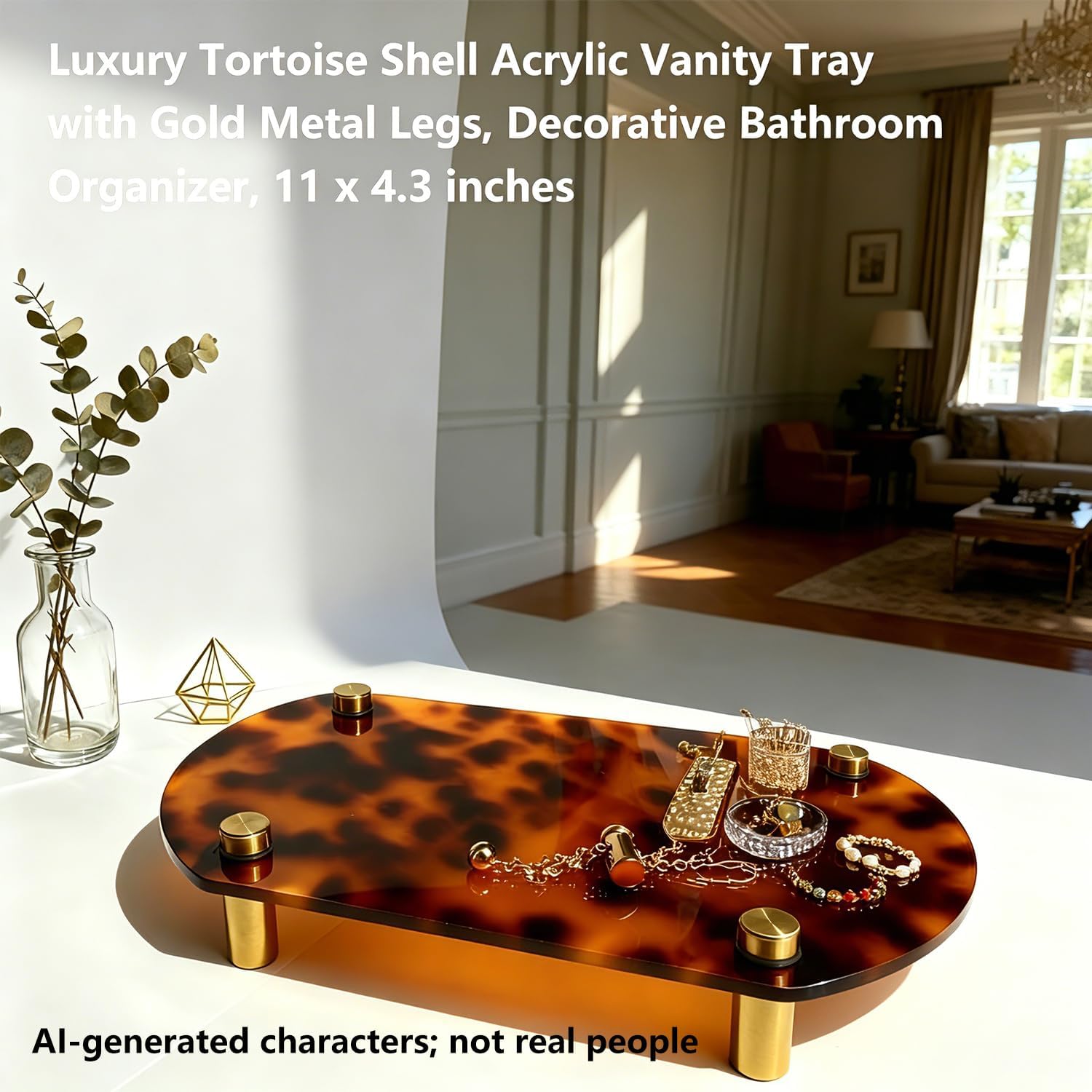 2 Pack Luxury Tortoise Shell Tray with Gold Metal Legs, Decorative Tortoise Shell Bathroom Accessories, 11 x 4.3 inches image 2