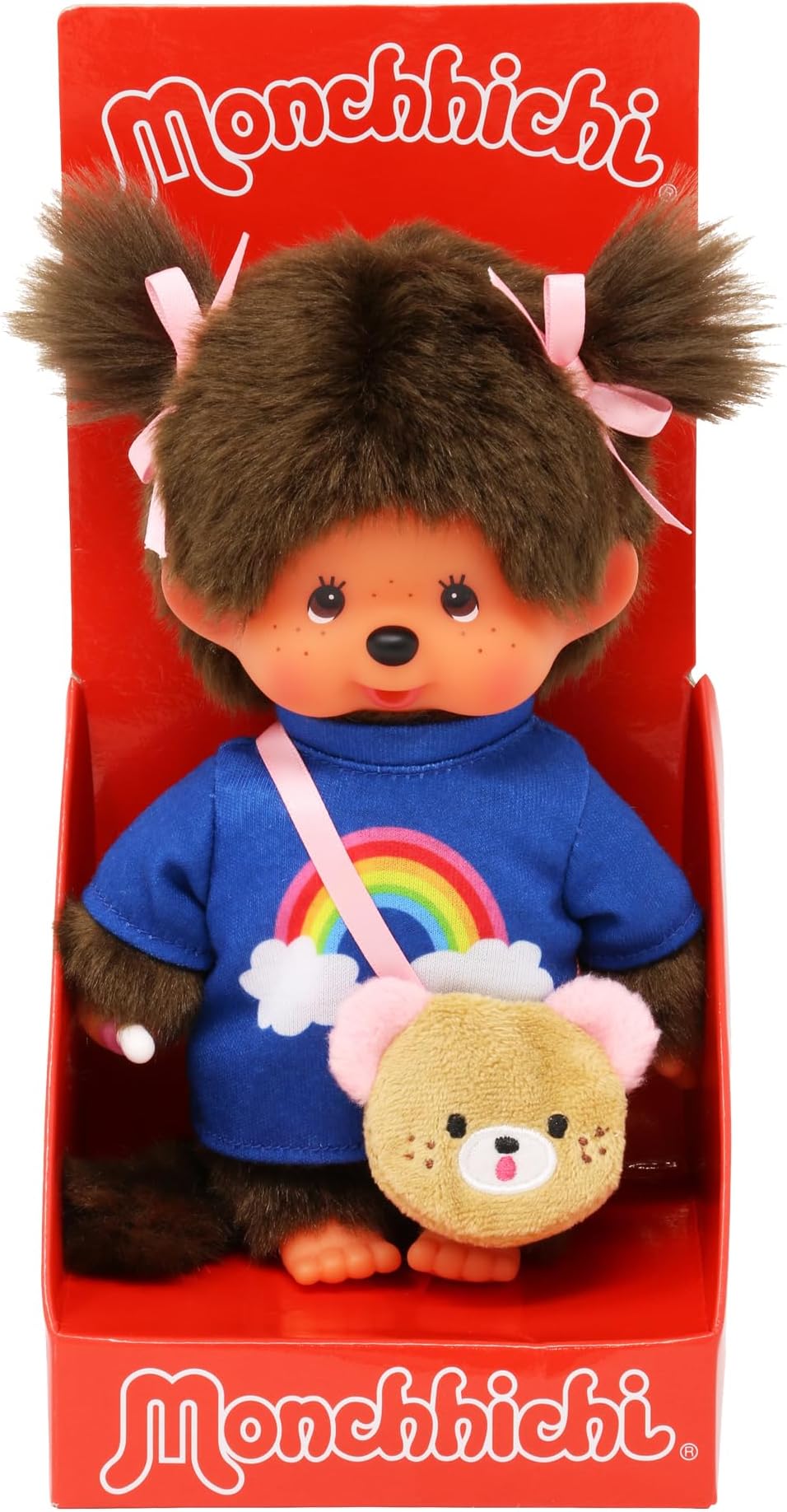 Sekiguchi 233724 Original Monchhichi Girls' Rainbow T-Shirt with Bag and Bows, Approx. 20 cm Cuddly Toy Made of Brown Plush, Messenger Bag