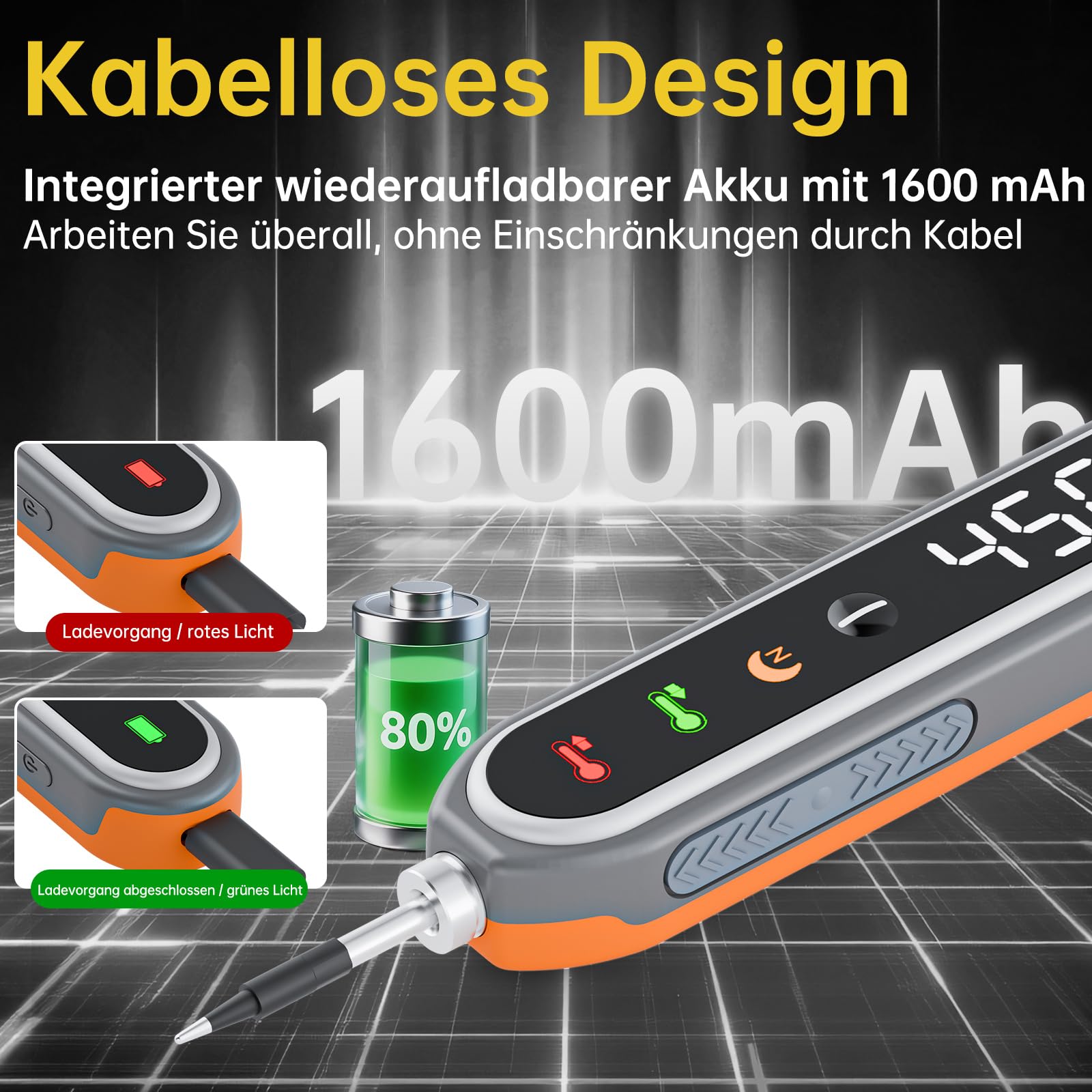 Akku Lötkolben Set kabellos USB-C 8s Aufheizung 180–450°C 1600mAh