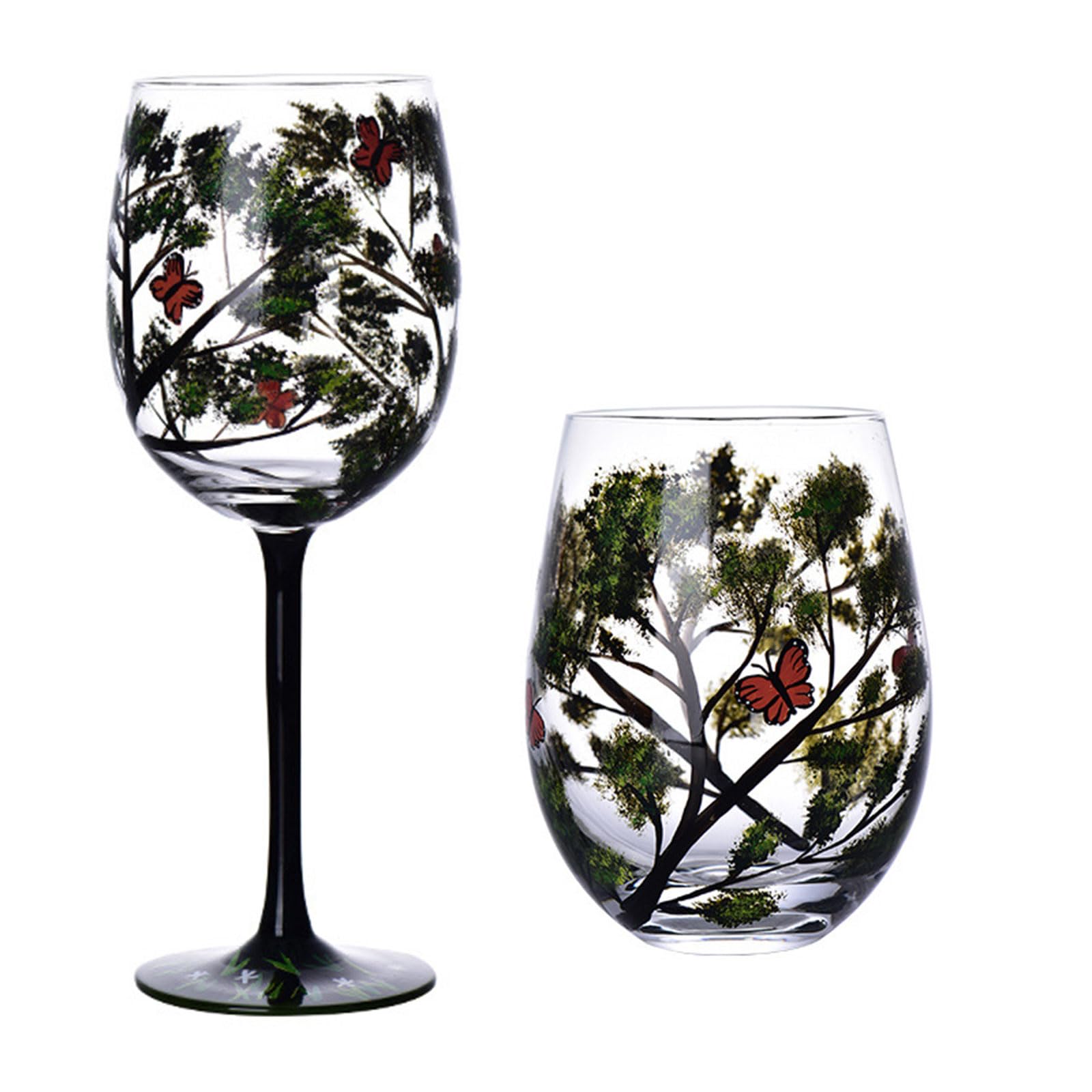 YROHGKPN Wine Glasses Four Tree Painted Art Glass Cup for Lovers Large Glass Drinkware Glassware Gift
